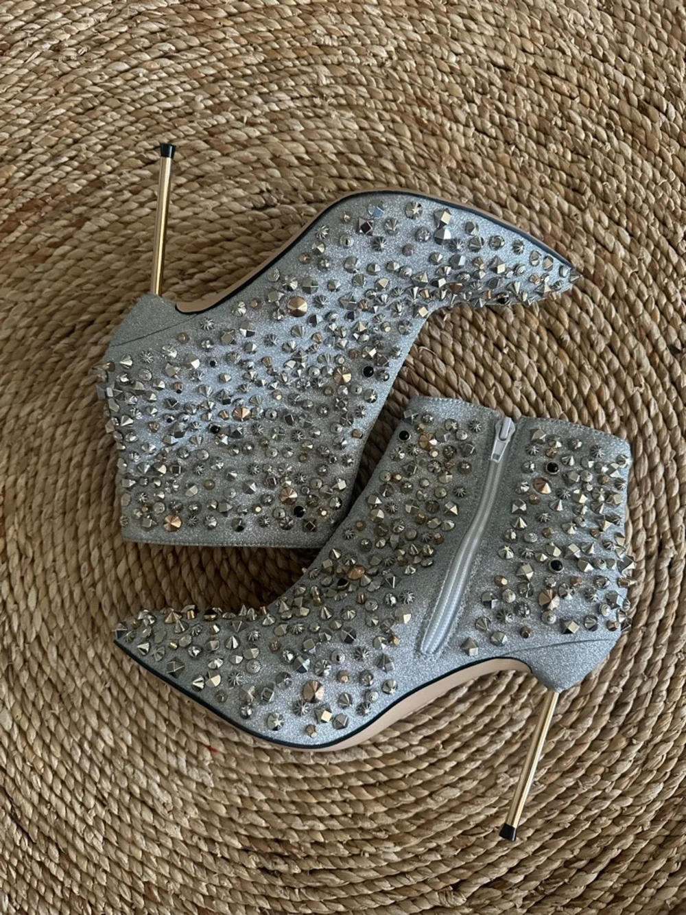 FSJ Silver High Heel Ankle Boots Rivets Closed Pointed Toe Stilettos Zipper Shoe